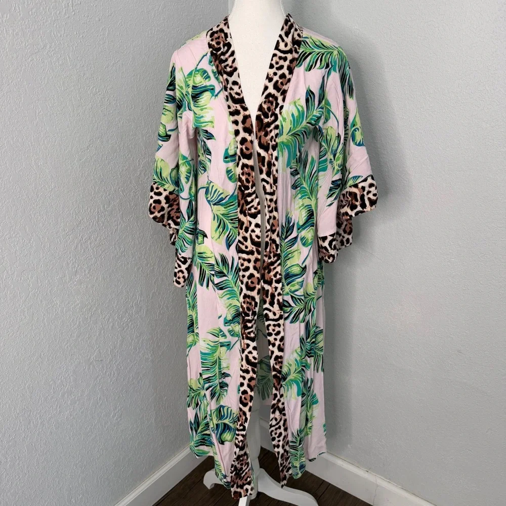 Venus Tropical Palm & Leopard Print Longline Kimono Duster Pink‎ Green Small